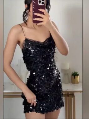 Zara Black Lace Sequin Mini Dress in Size S